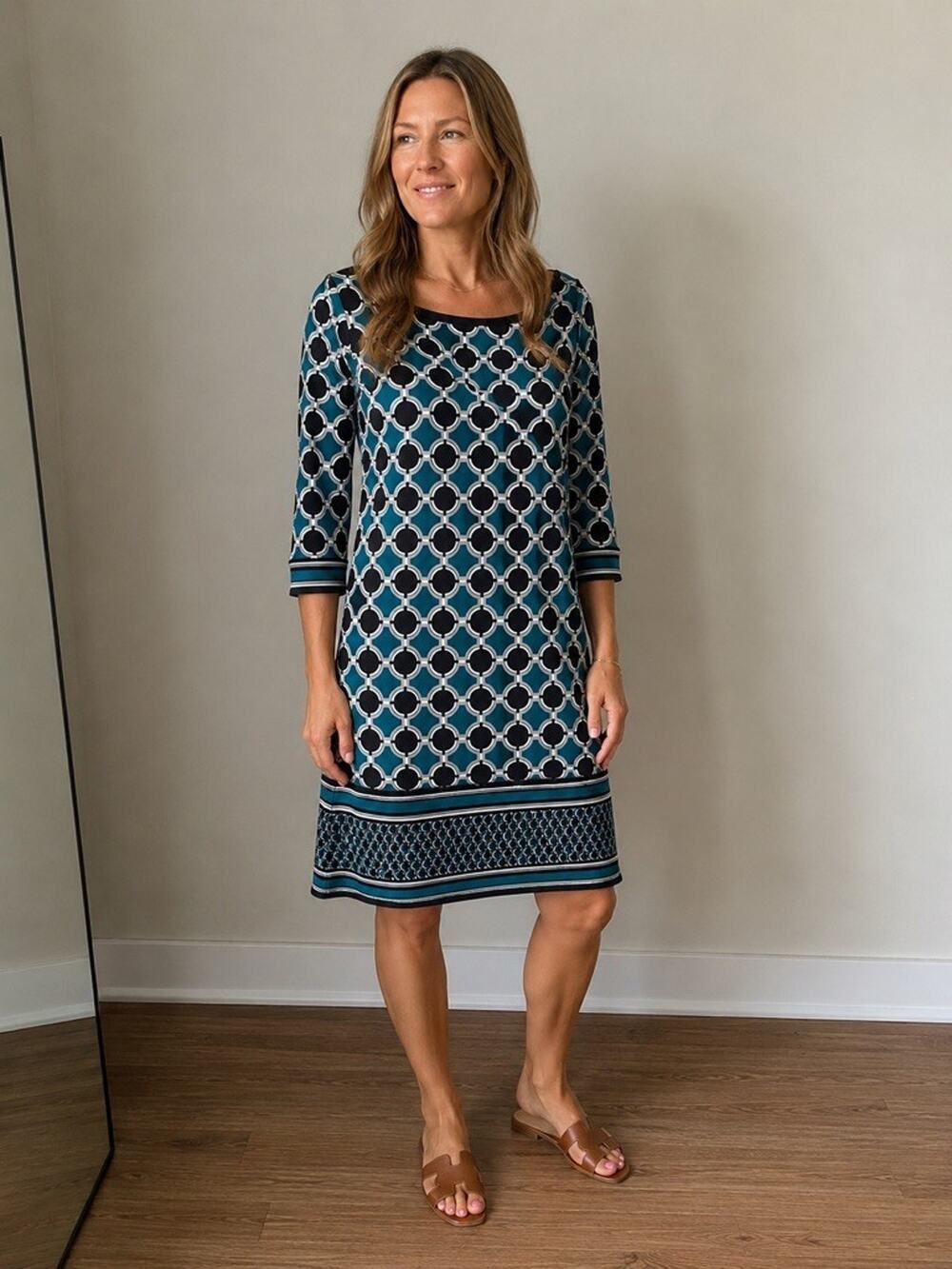 White House Black Market Teal Geo Print Shift Dress XS 3/4 Sleeve NWT $98